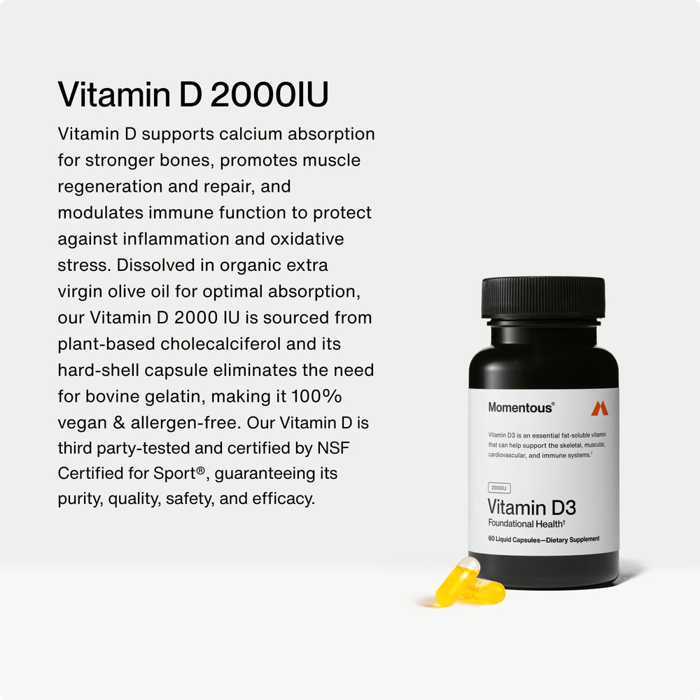 Momentous Vitamin D3 capsule-closeup highlights small, smooth capsules for daily use
