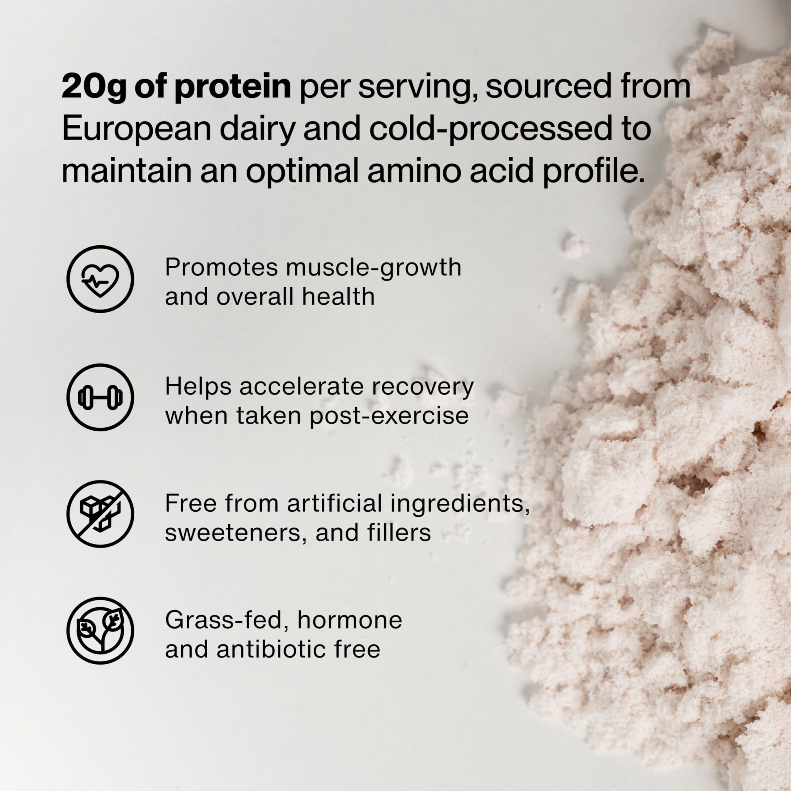 Momentous whey scoop beside bottle emphasizes convenient daily protein