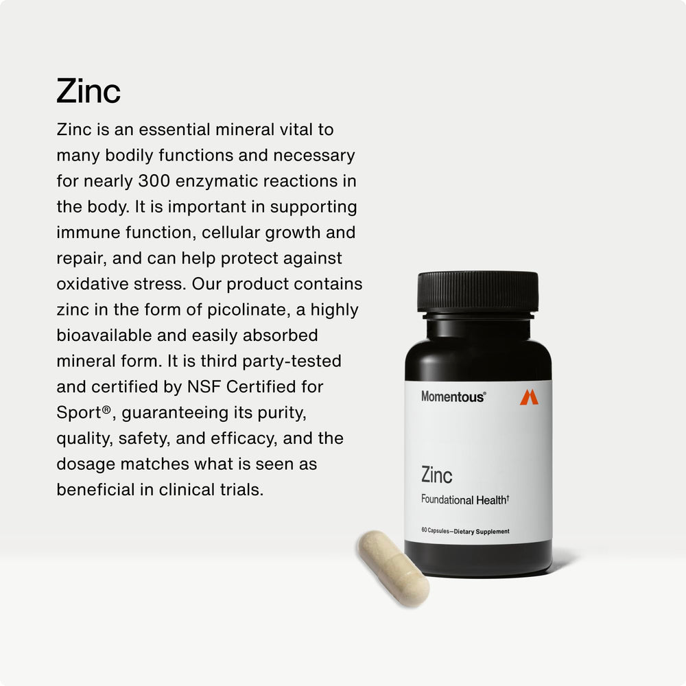 Momentous Zinc Picolinate capsules poured from bottle for easy use.