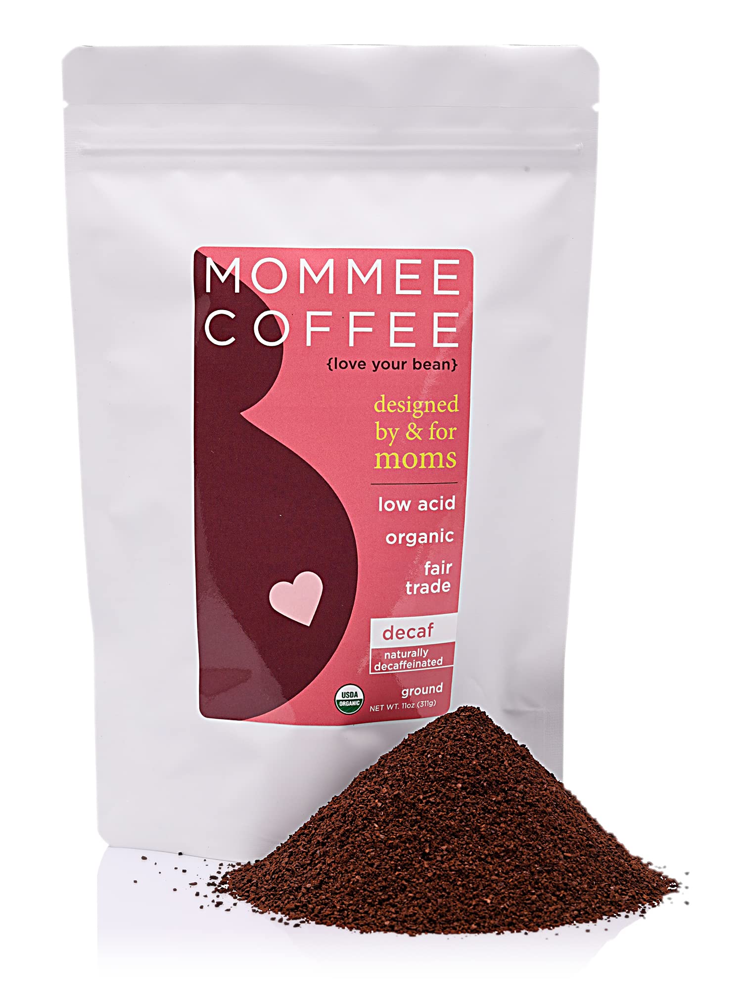Mommee Coffee Decaf Ground Bag; full flavor with smooth caramel notes without caffeine.