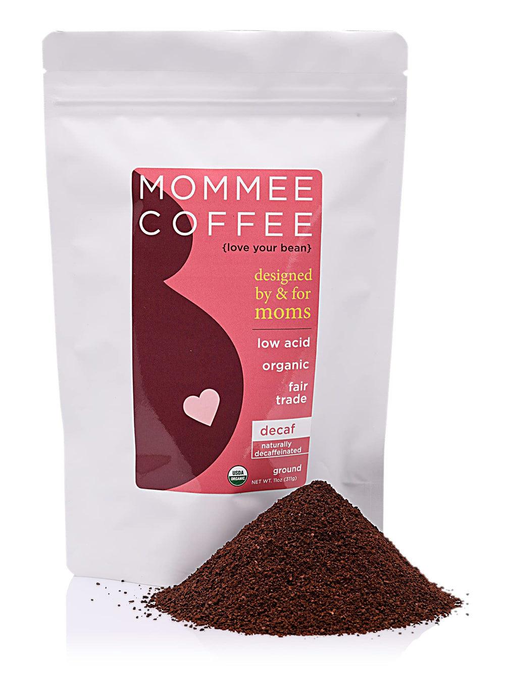 Mommee Coffee Decaf Ground Bag; full flavor with smooth caramel notes without caffeine.