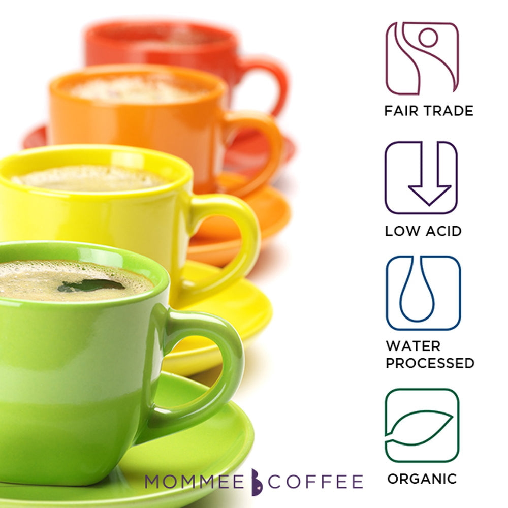 Aromatic steam rising from Mommee Half Caf evokes caramel sweetness