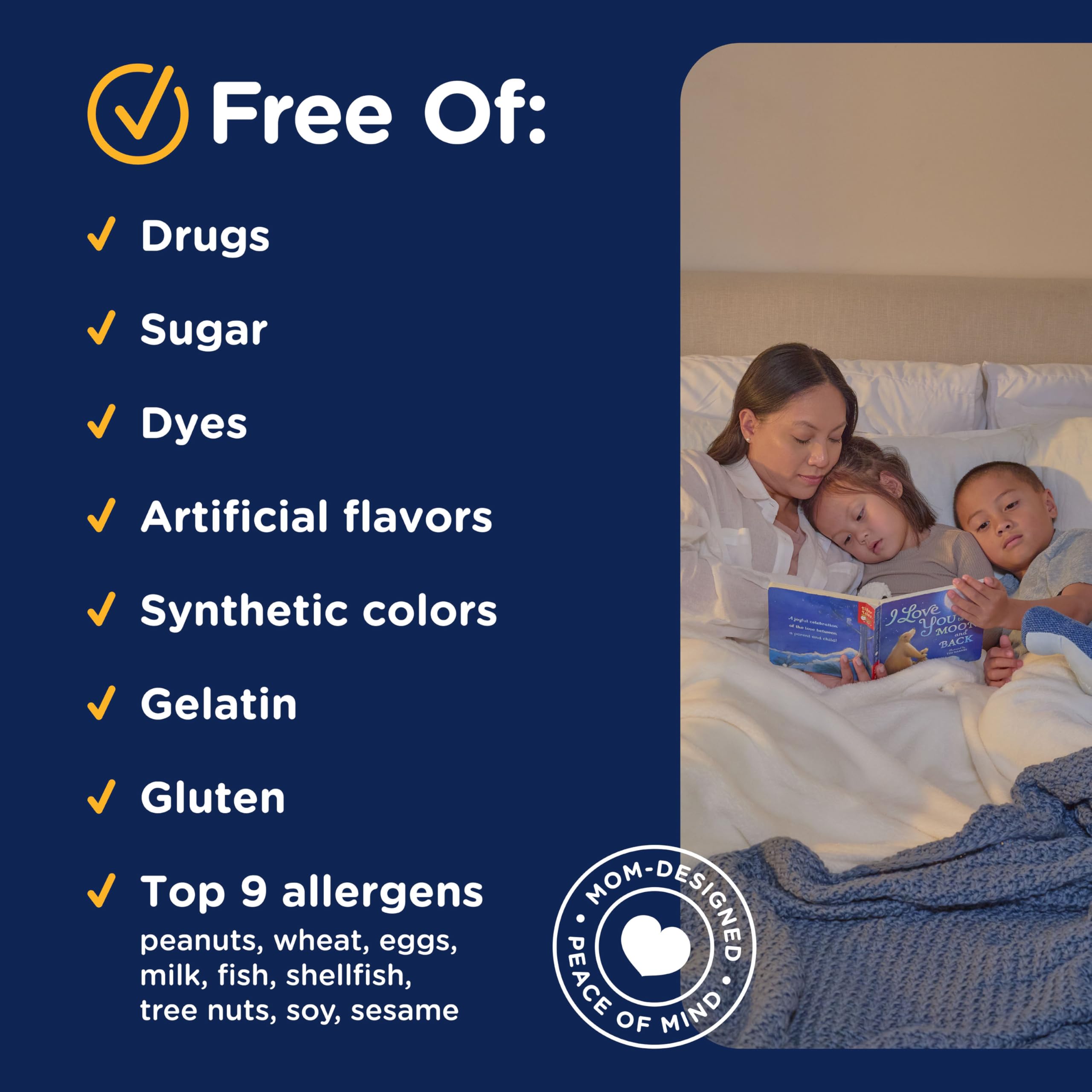 Mommy's Bliss packaging shows sugar-free and allergen-friendly formulation.