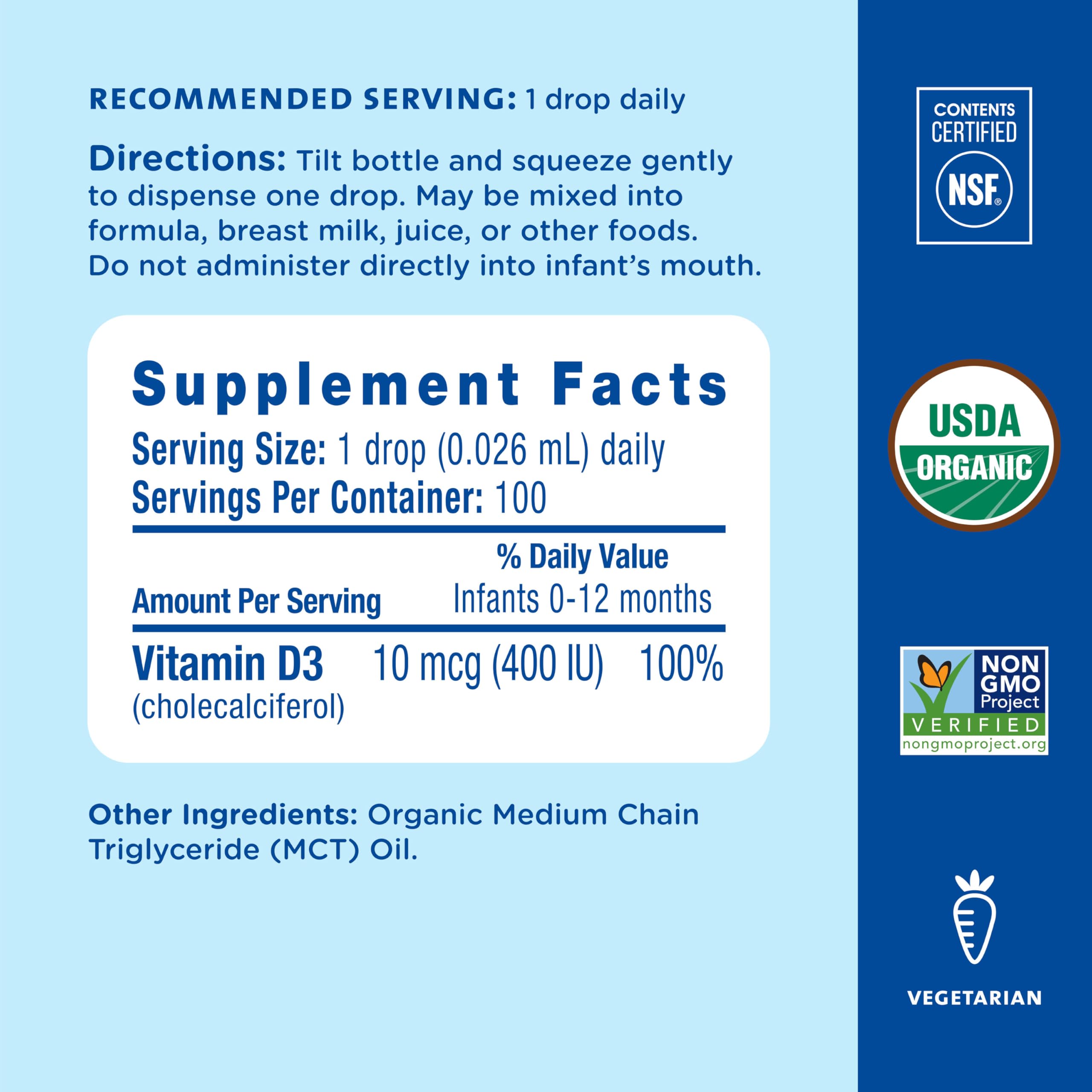 Allergen-free label on Mommy's Bliss organic vitamin D drops.