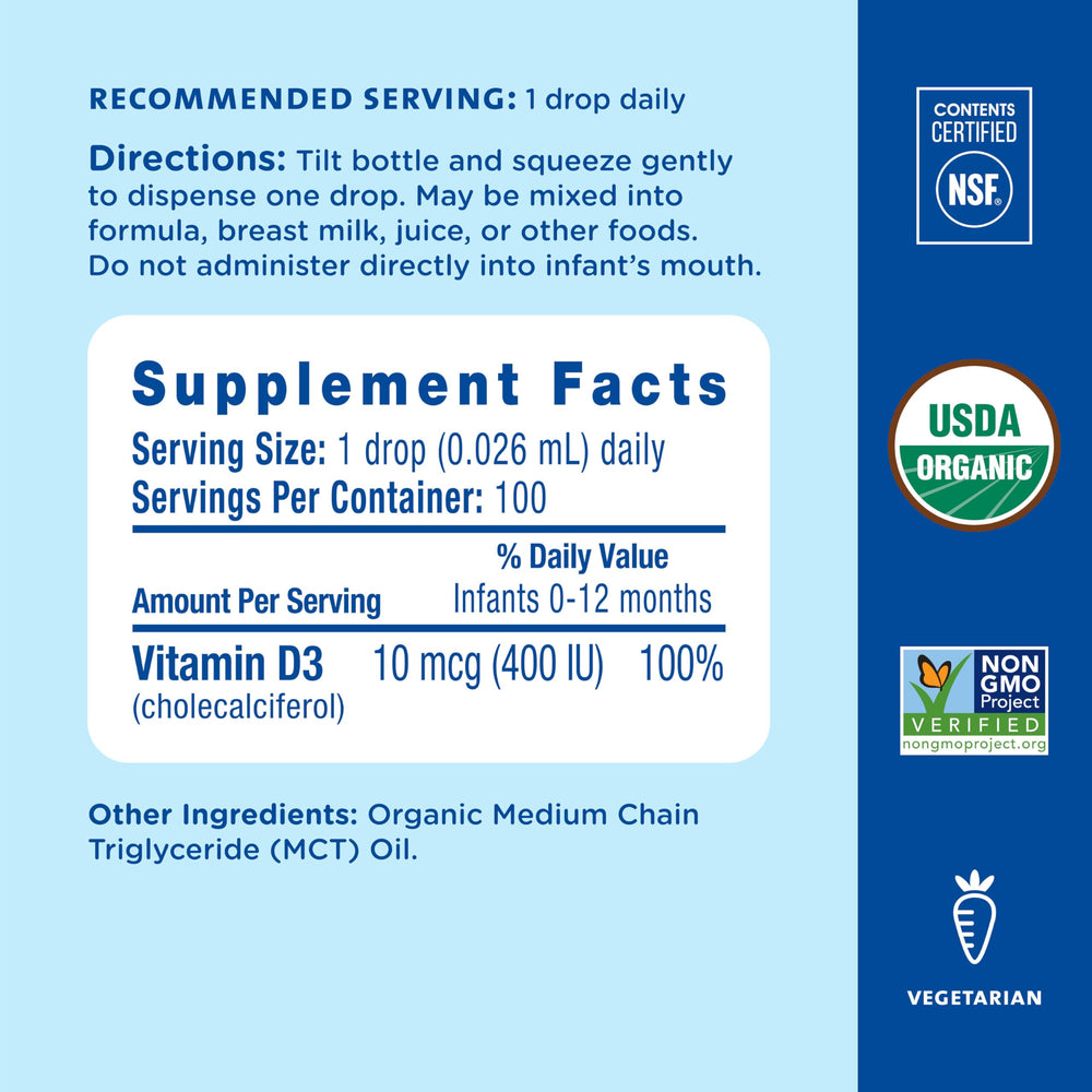 Allergen-free label on Mommy's Bliss organic vitamin D drops.