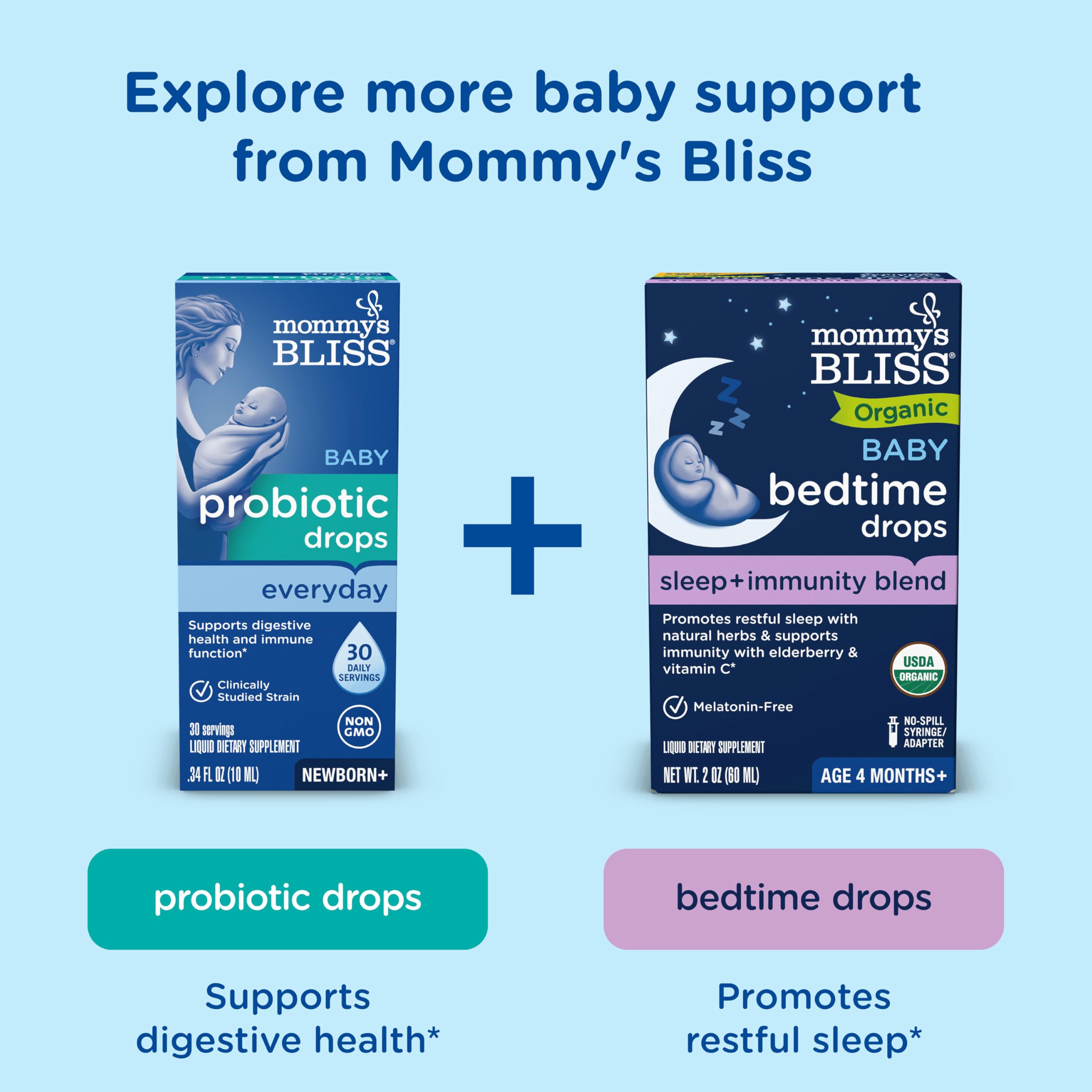 Mommy's Bliss drops easily mixed into food for on-the-go feeding