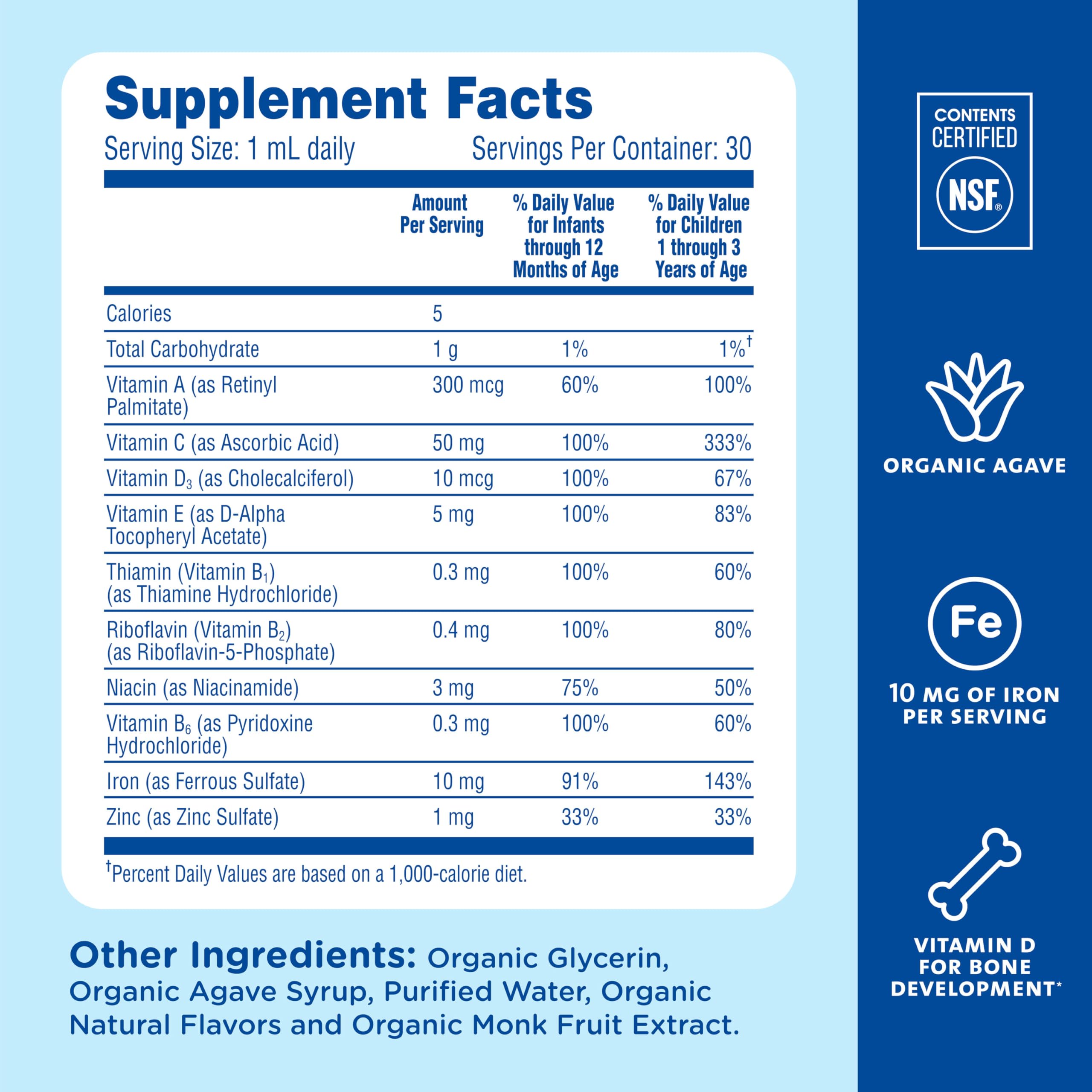 Mommy's Bliss NSF-certified seal on baby multivitamin bottle