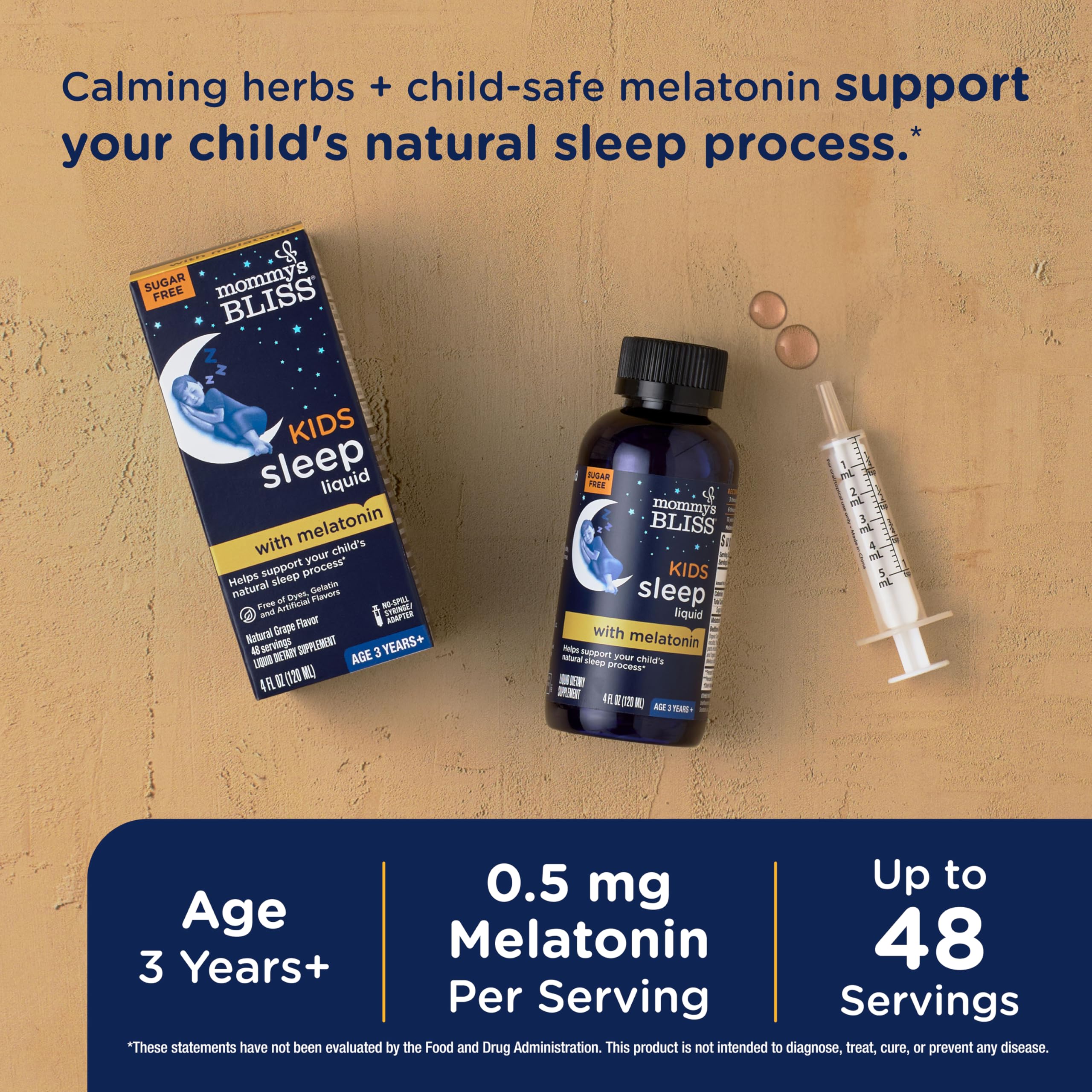 Mommy's Bliss Kids Sleep Liquid grape label highlighting kid-friendly flavor.
