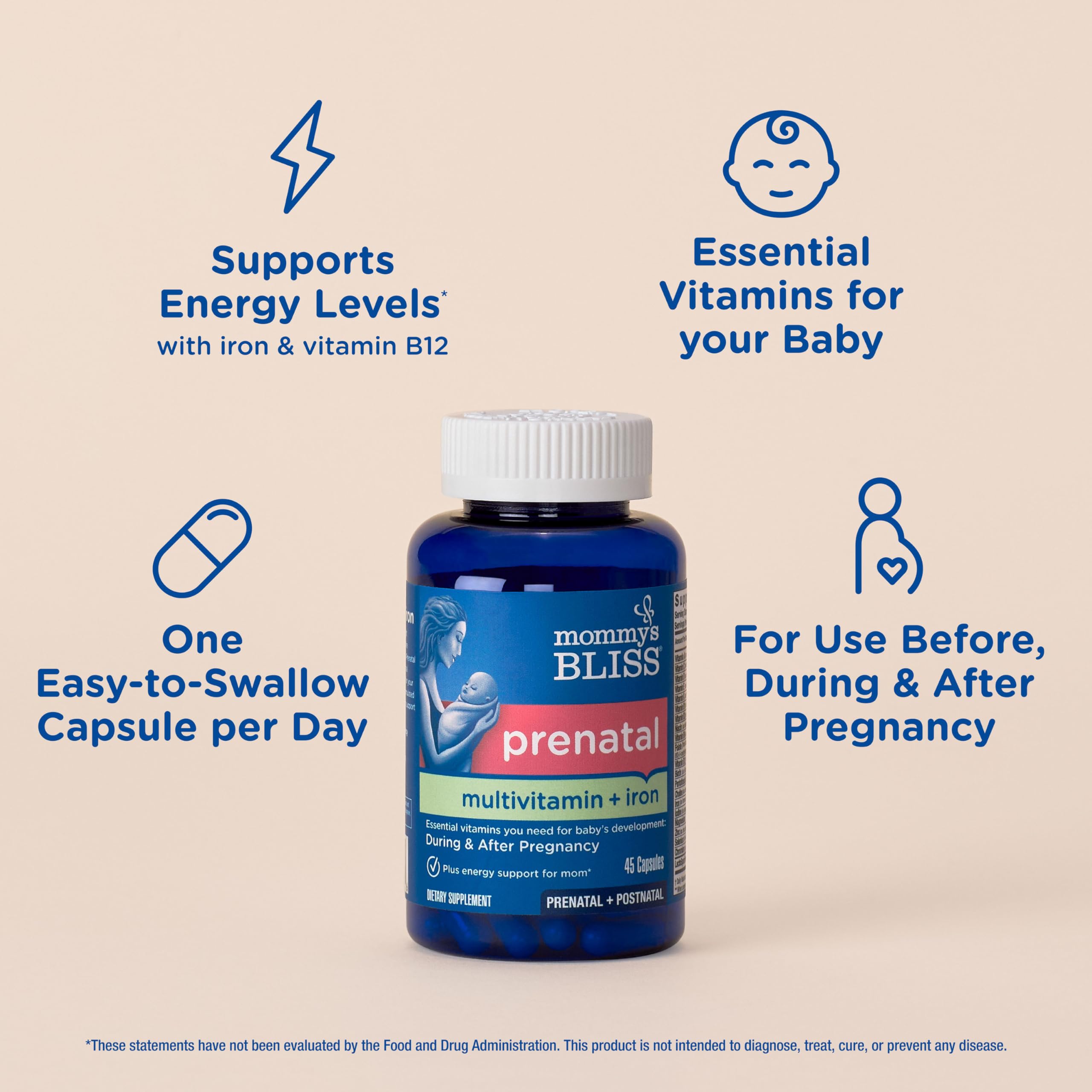 Mommy's Bliss prenatal bottle back view highlighting methylfolate and iron.