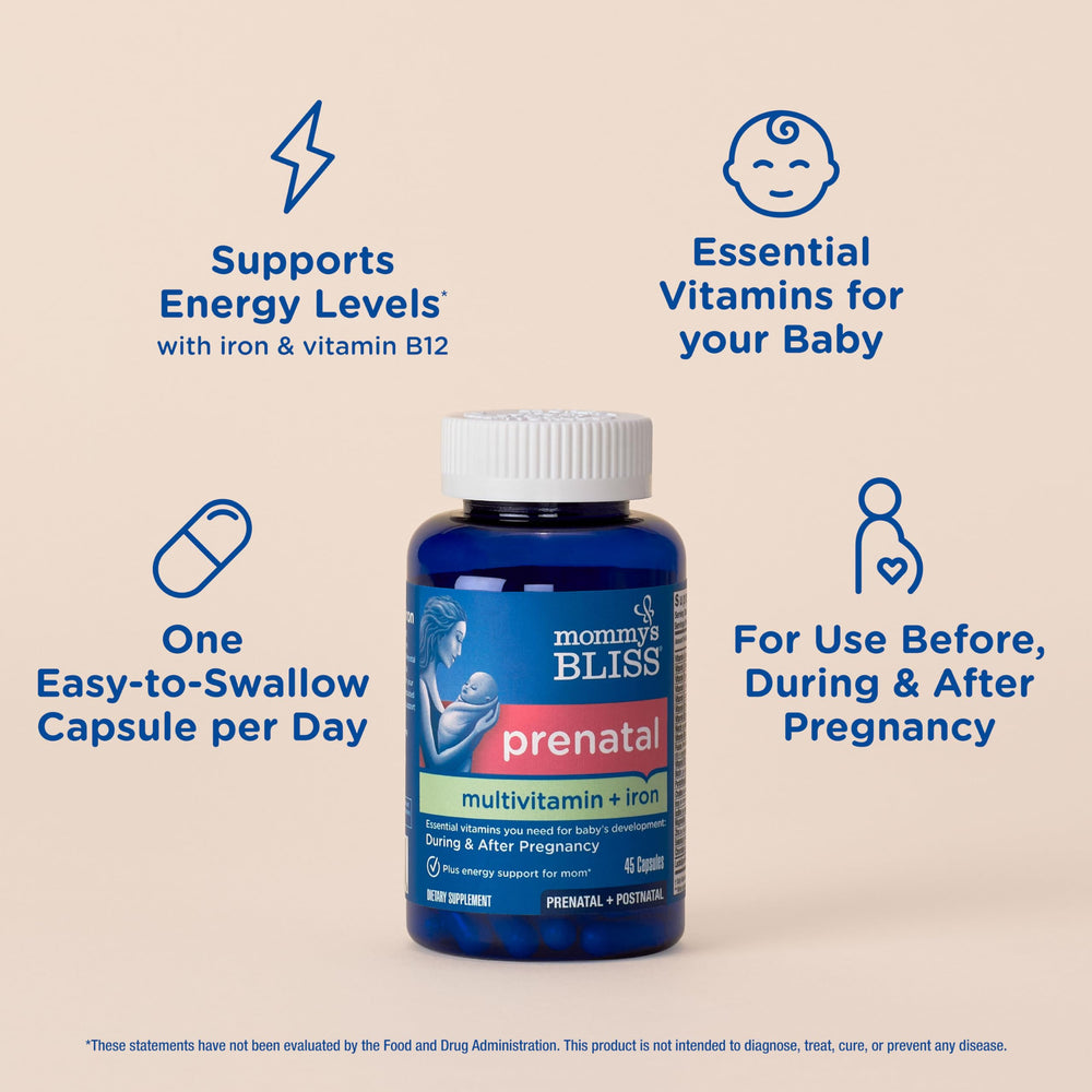 Mommy's Bliss prenatal bottle back view highlighting methylfolate and iron.