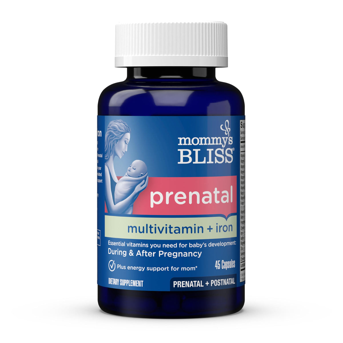 Mommy's Bliss prenatal bottle front view, showcasing a trusted daily multivitamin.