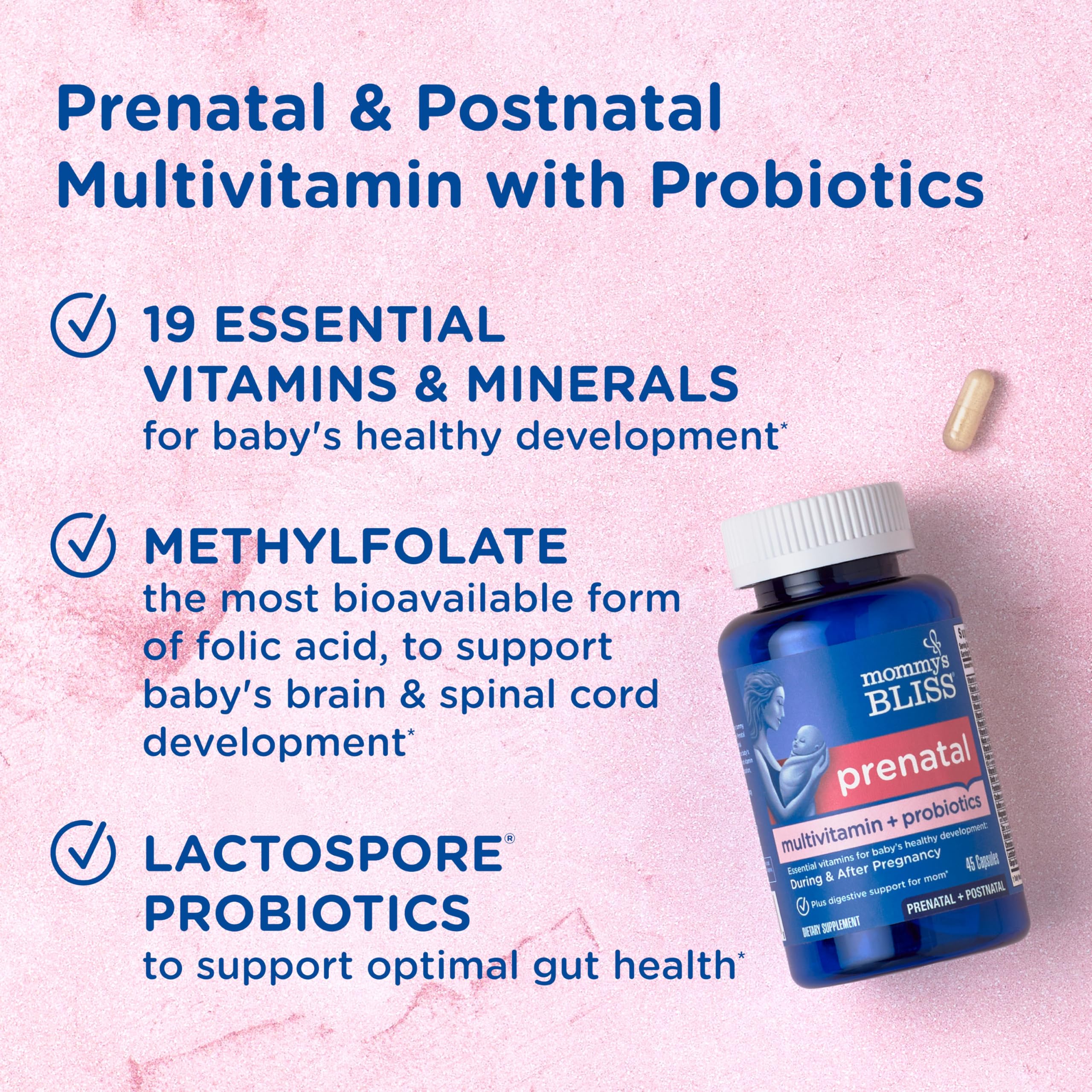 Mommys Bliss prenatal multivitamin capsules close-up, easy to swallow daily nutrition.
