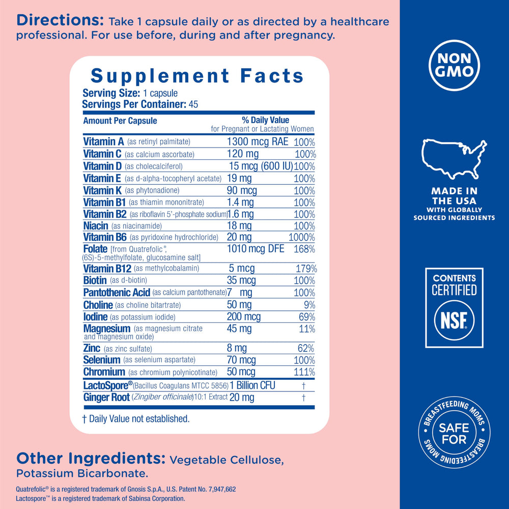 Mommys Bliss vegan gluten-free label highlights allergen-friendly prenatal nutrition.
