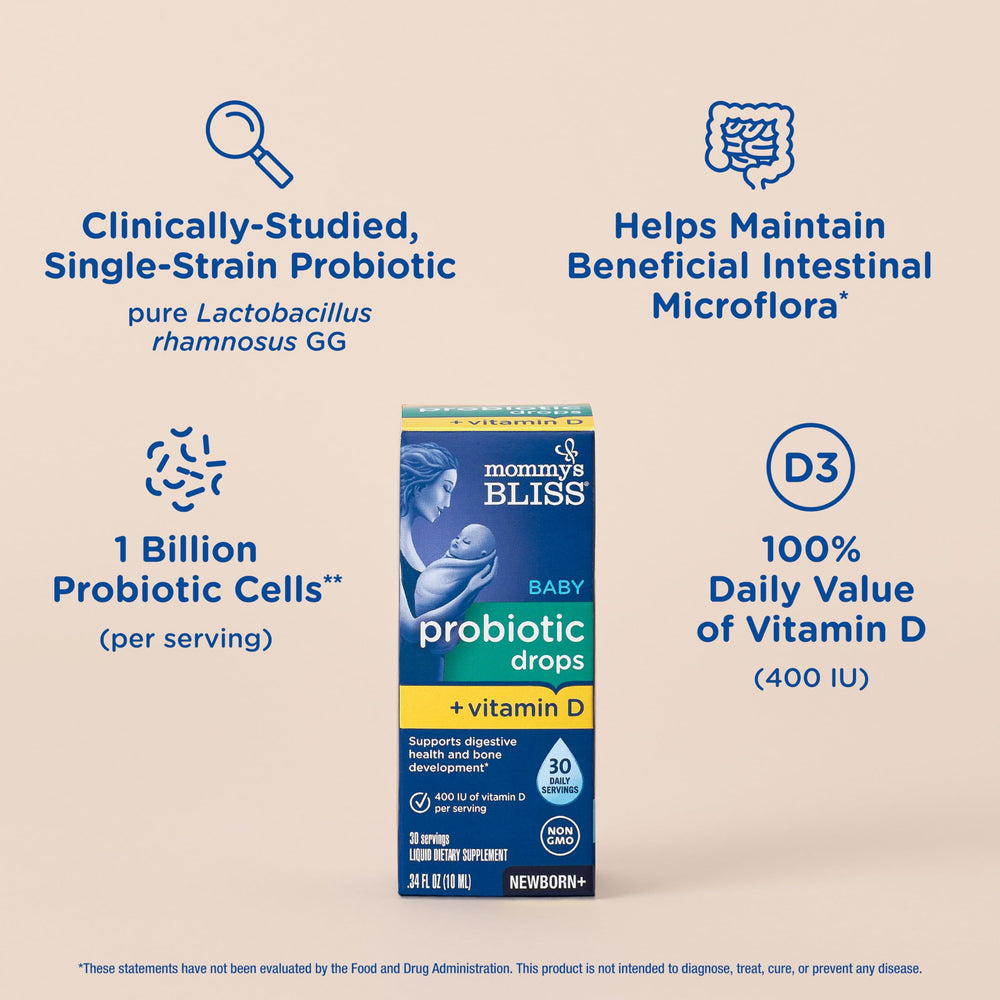 Mommy's Bliss bottle label shows Lactobacillus rhamnosus GG, a well-studied probiotic strain.