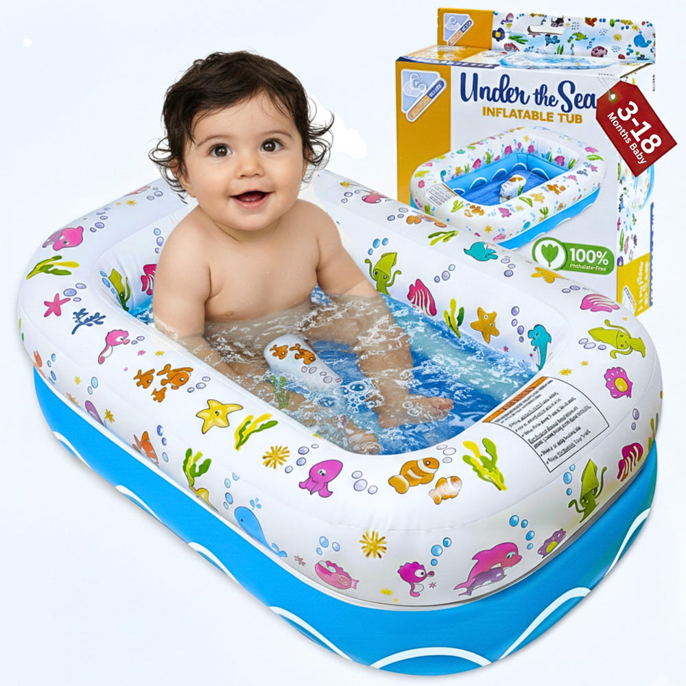 Mommy's Helper under-the-sea inflatable bathtub with soft padding for gentle bath time.