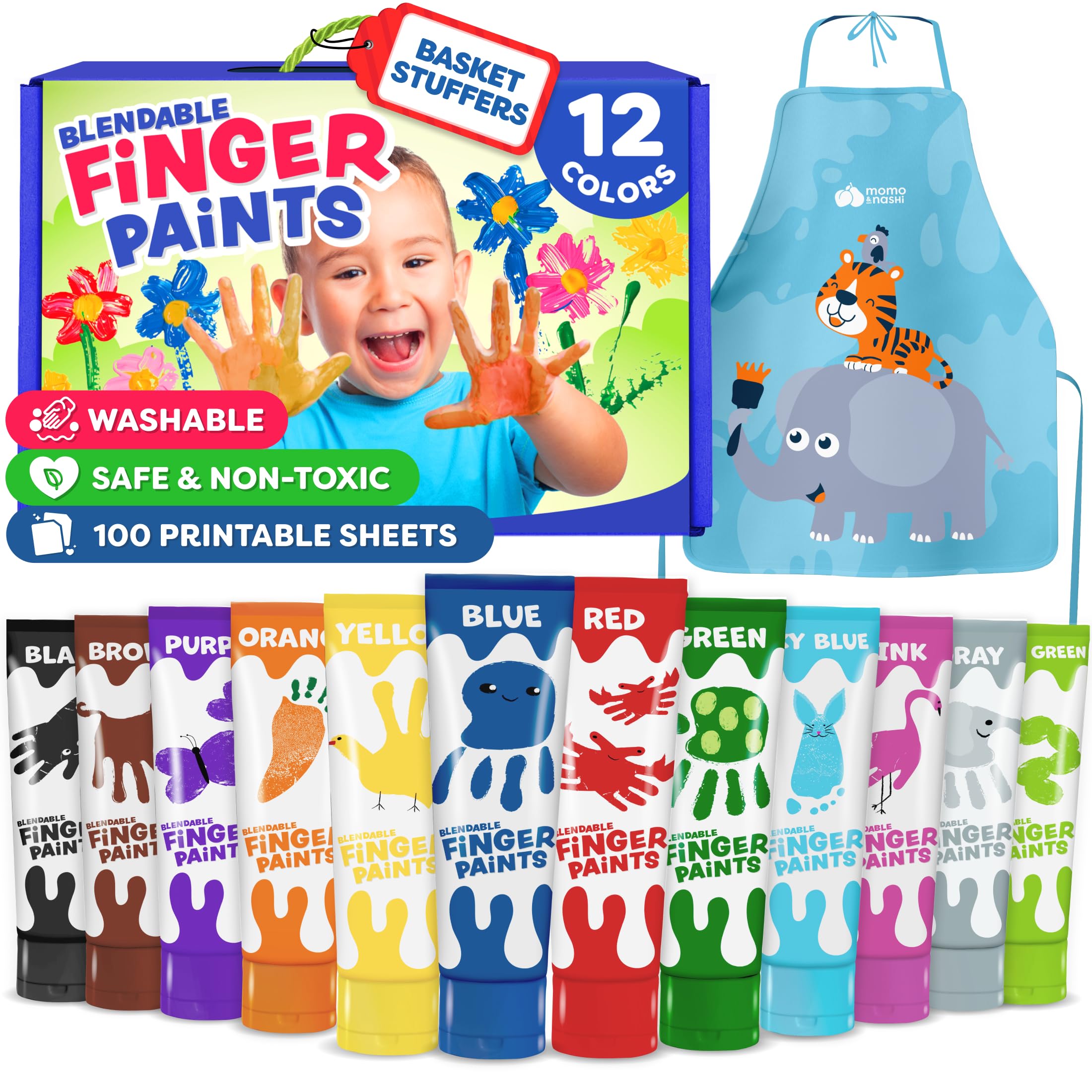 Momo & Nashi washable finger paints kit showing the 12-color palette for creative play
