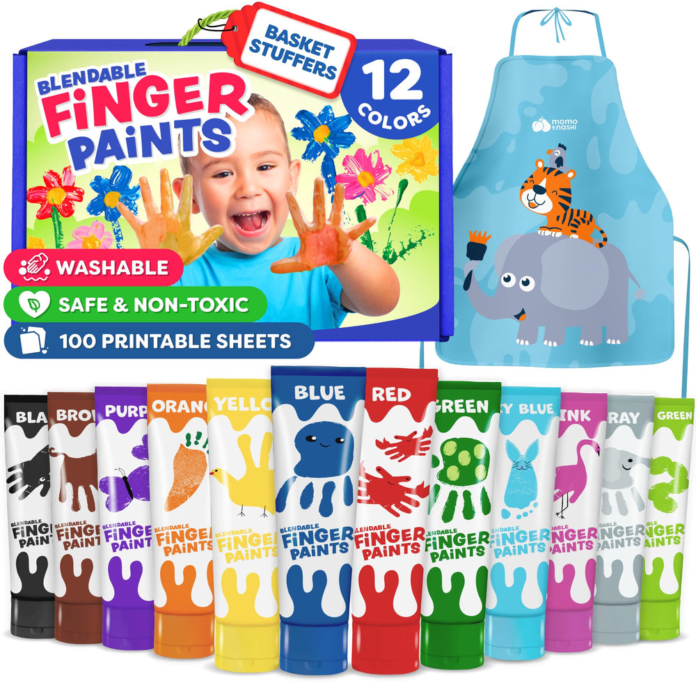 Momo & Nashi washable finger paints kit showing the 12-color palette for creative play