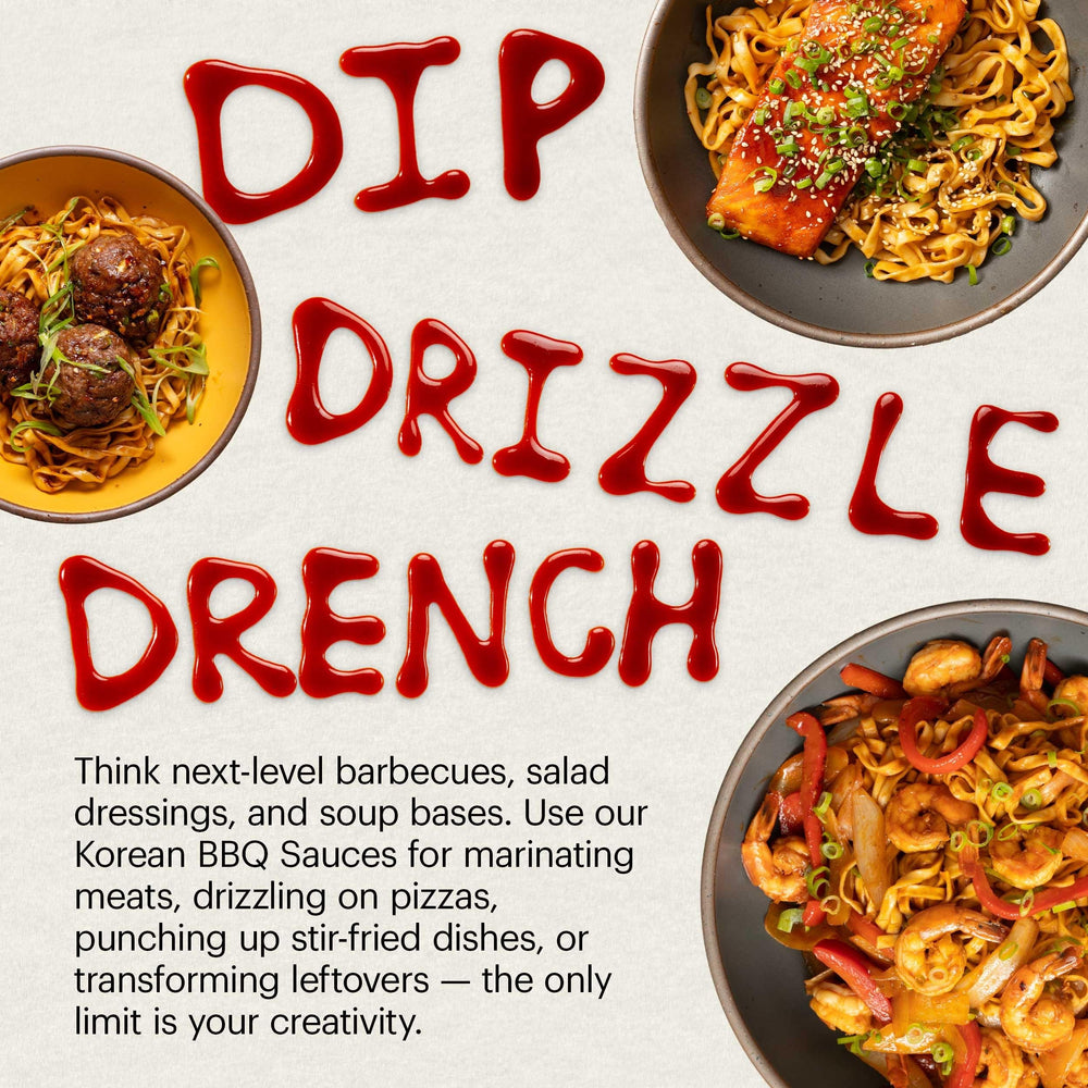 Stir-fry scene with Momofuku Sweet & Spicy Korean BBQ Sauce coating vegetables.
