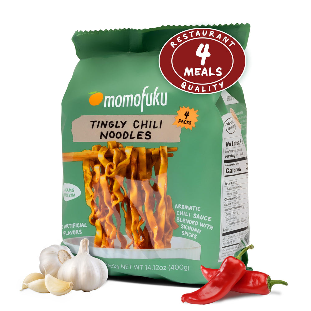 Momofuku Tingly Chili Noodles in a bowl, bold aroma and satisfying heat