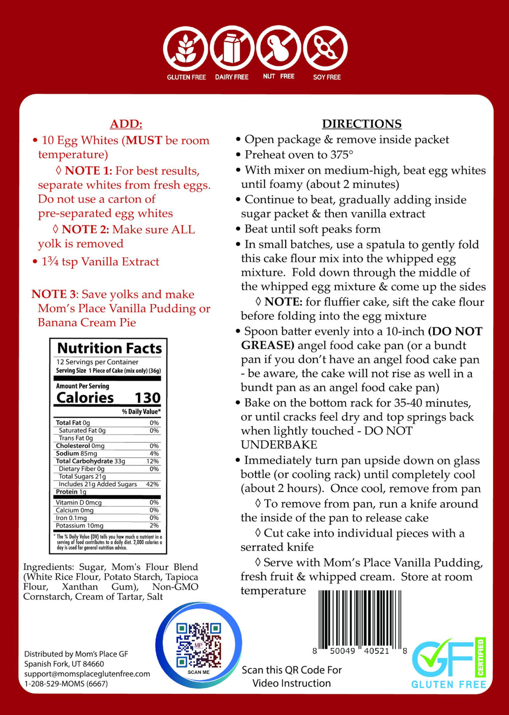Mom's Place angel food cake mix ingredients laid out, non-GMO and allergen-conscious base.