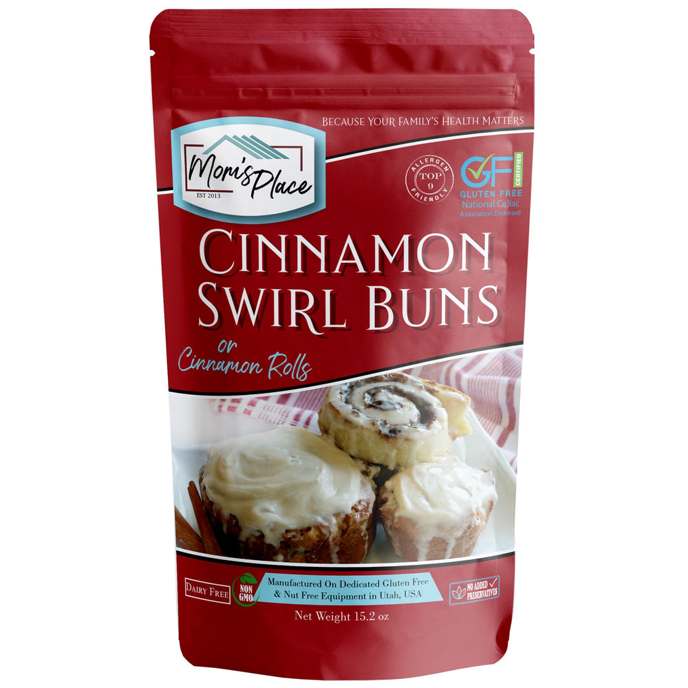 Mom's Place Gluten-Free cinnamon swirl bun bake in sheet pan, bakery-style aroma.