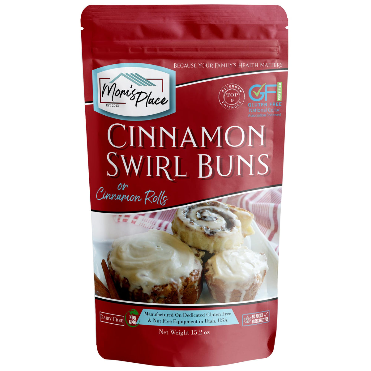 Mom's Place Gluten-Free cinnamon swirl bun bake in sheet pan, bakery-style aroma.
