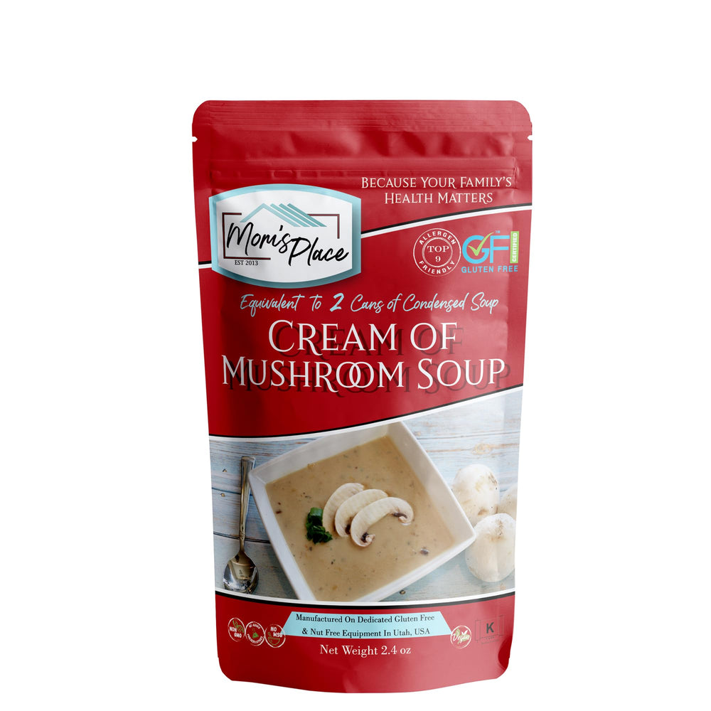 Mom's Place Gluten-Free Cream of Mushroom soup mix packaging on shelf highlights allergen-free formula