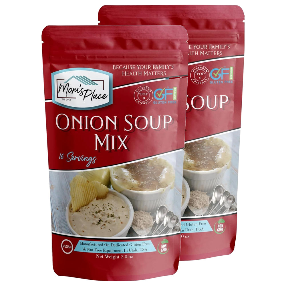 Mom's Place Gluten-Free Onion Soup Mix box showing rich onion flavor for soups, roasts, and dips.