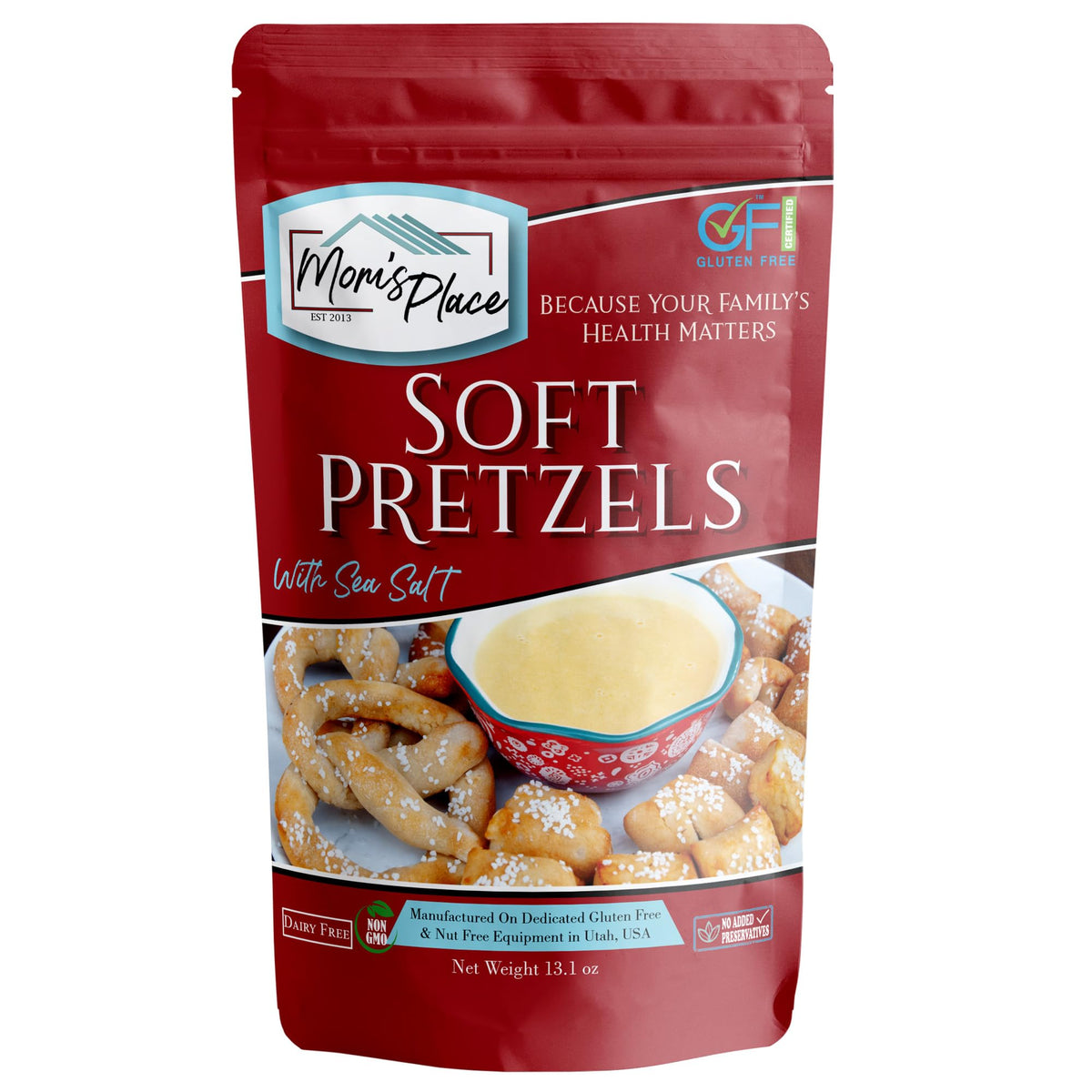 Mom's Place Gluten-Free Soft Pretzels sea salt package opened for a quick gluten-free snack