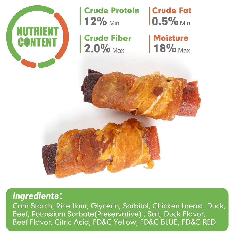 Three-inch MON2SUN rolls, chicken-wrapped-duck-beef for small dogs.