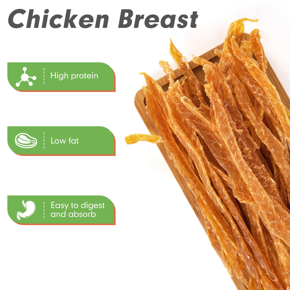 MON2SUN chicken jerky close-up highlights real chicken breast and premium ingredients.