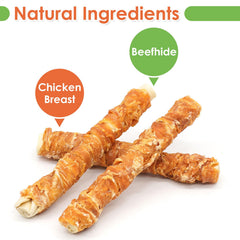 Close-up of MON2SUN chicken-wrapped rawhide chew showing texture and layers.