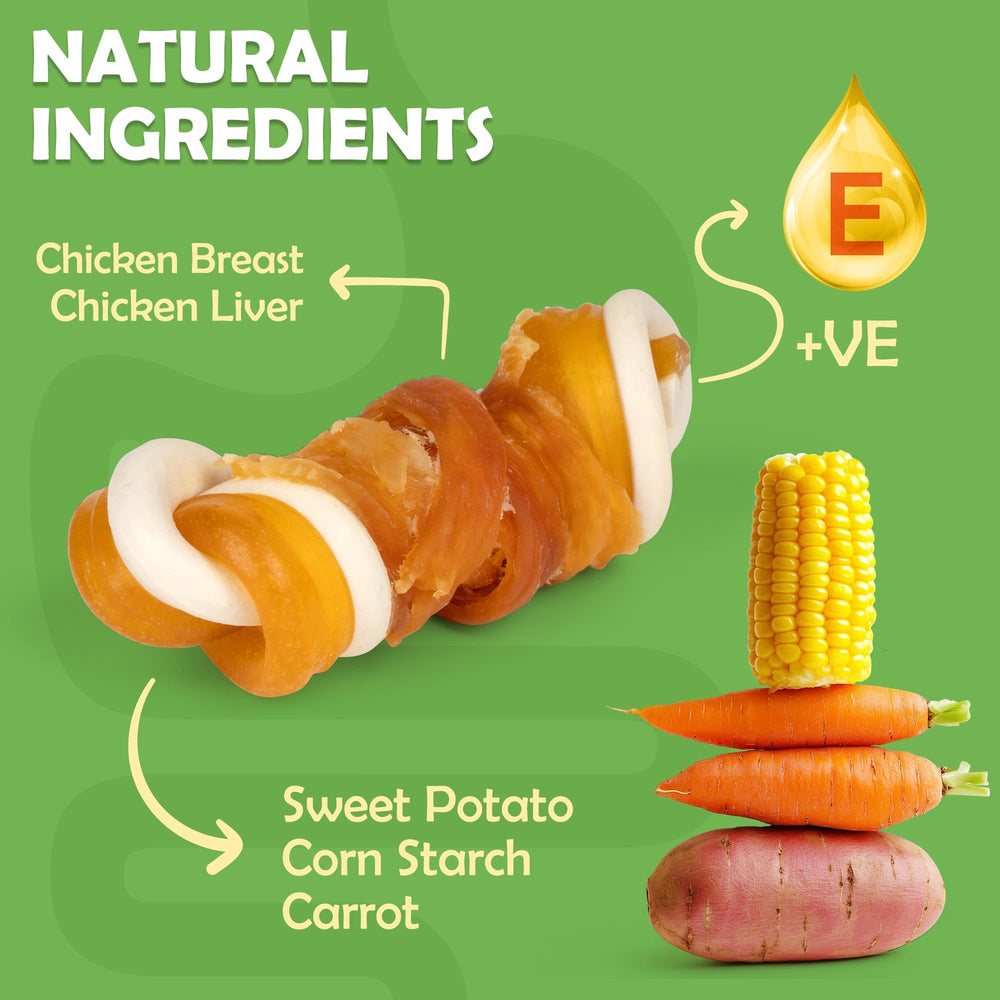 MON2SUN chicken-wrapped mini knot bones showing chicken meat flavor for small breeds.
