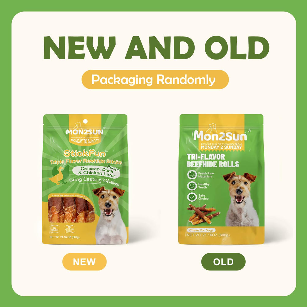Small to medium dog with MON2SUN triple flavor sticks