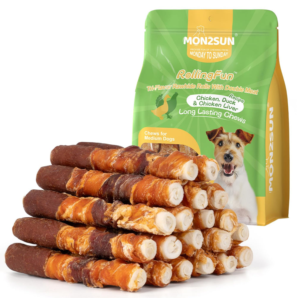 MON2SUN dog treats triple flavor 6inch rawhide stick with chicken liver and duck, tasty and satisfying.
