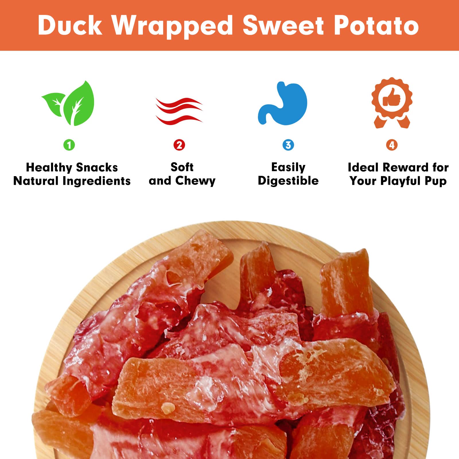 MON2SUN Duck Wrapped Sweet Potato dog treats ingredients featuring duck and potato.