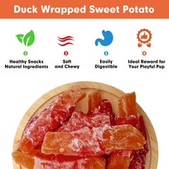 MON2SUN Duck Wrapped Sweet Potato dog treats ingredients featuring duck and potato.