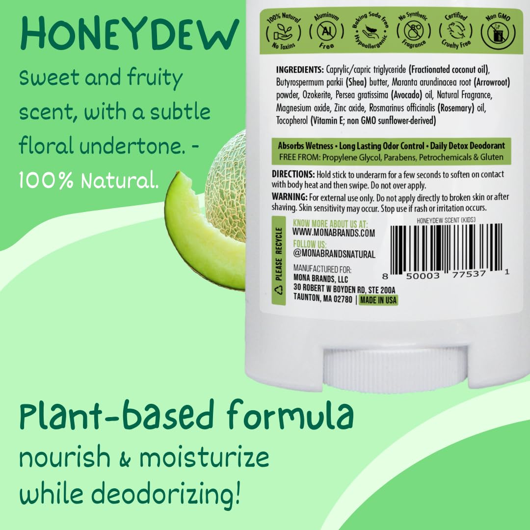 MONA Honeydew deodorant label displays fragrance and kid-safe ingredients