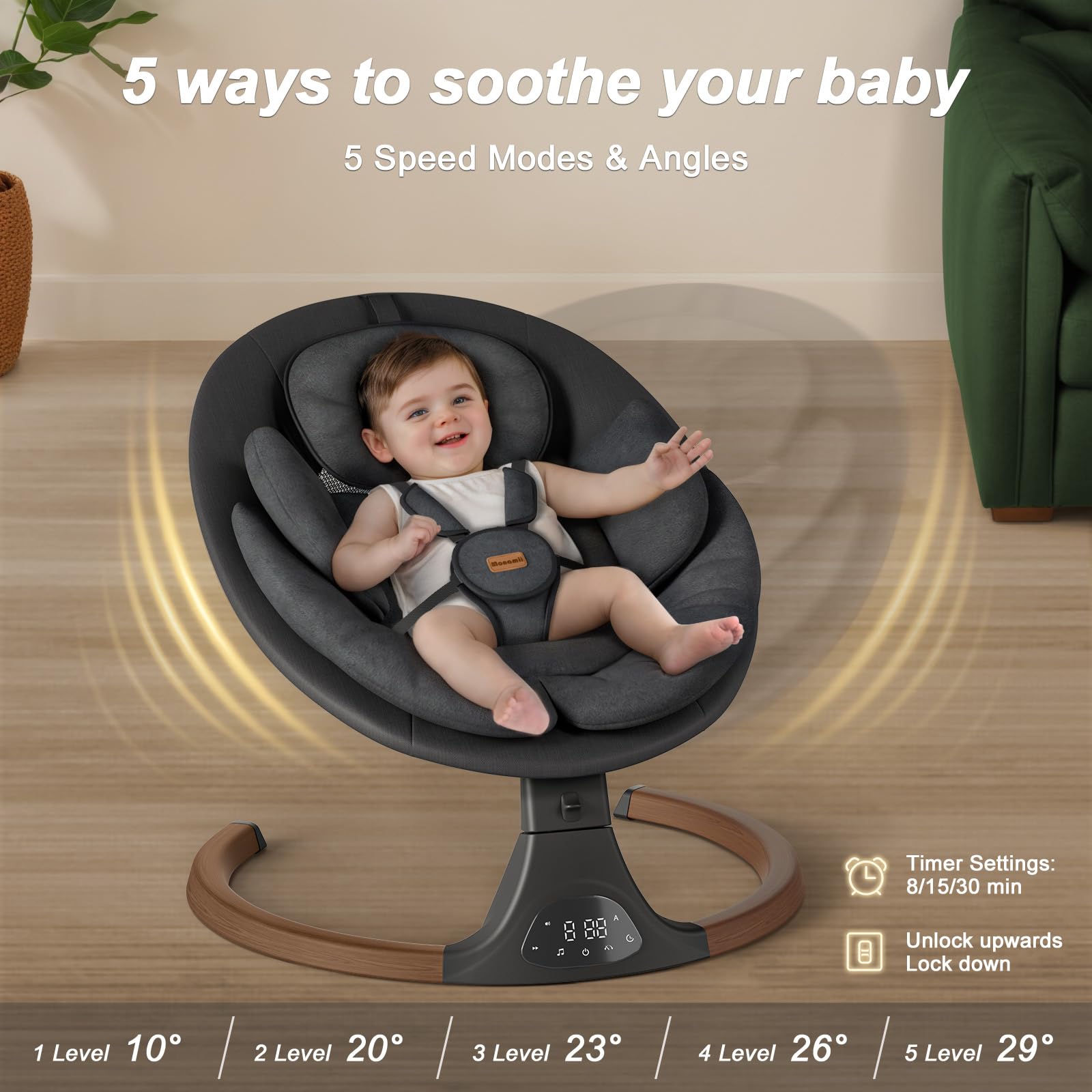Monamii baby swing with five speed settings lets you tailor pace