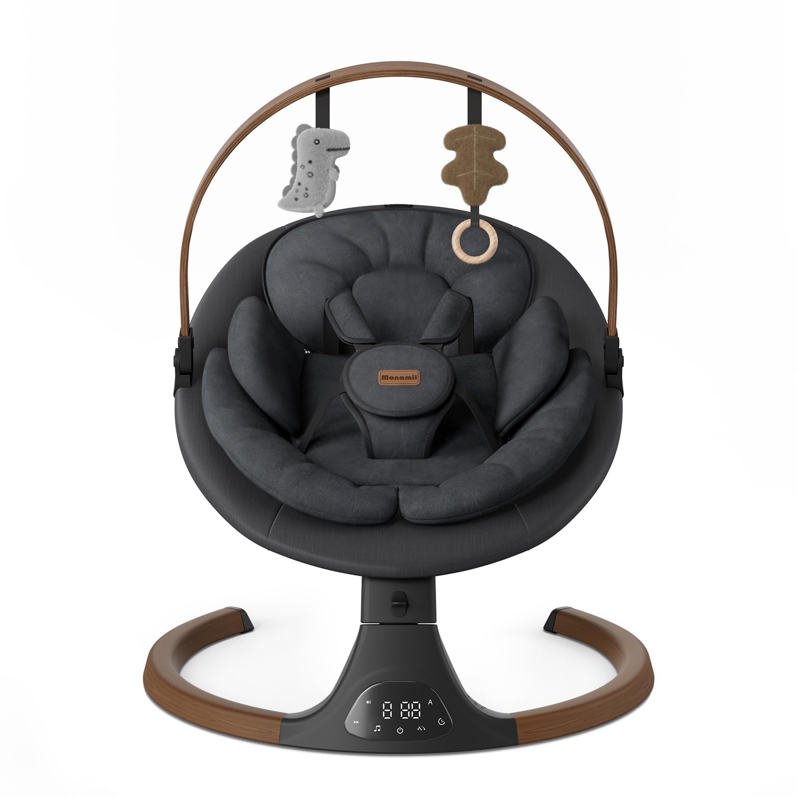 Monamii baby swing with wood grain finish calms infants while blending with decor