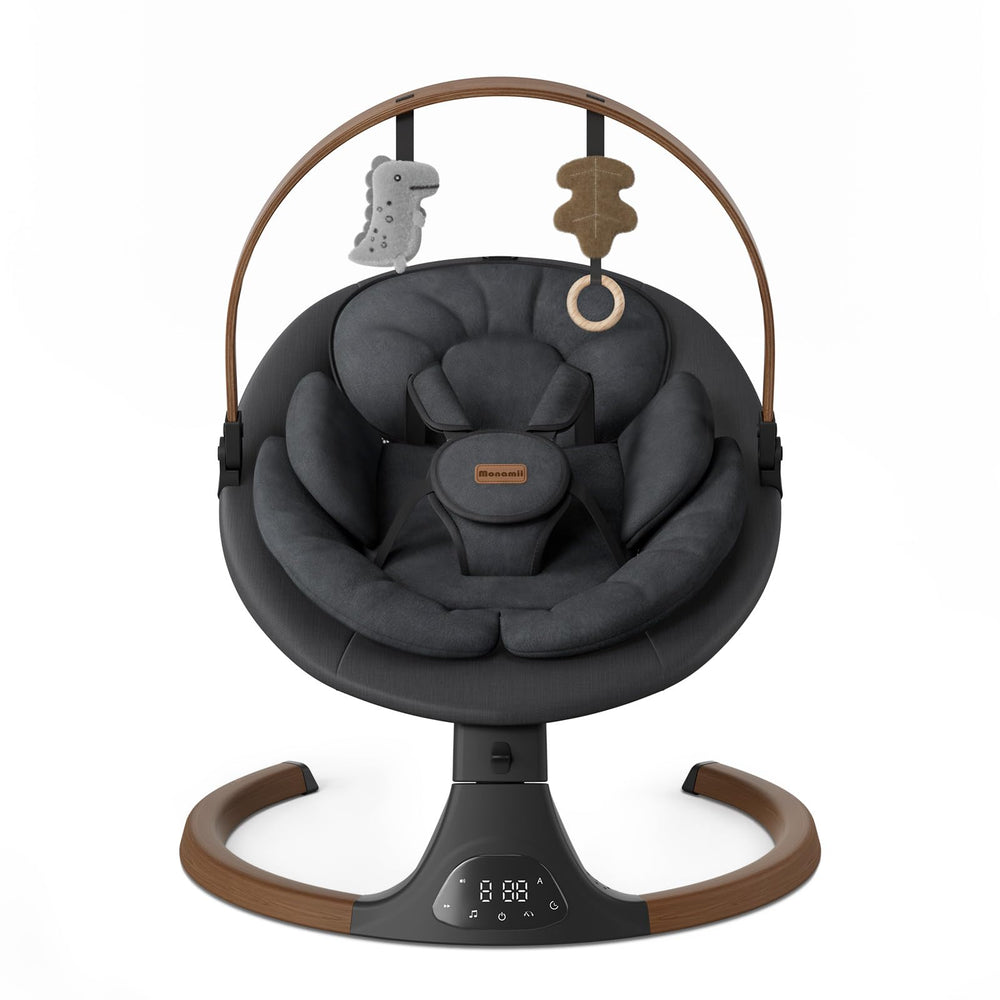 Monamii baby swing with wood grain finish calms infants while blending with decor