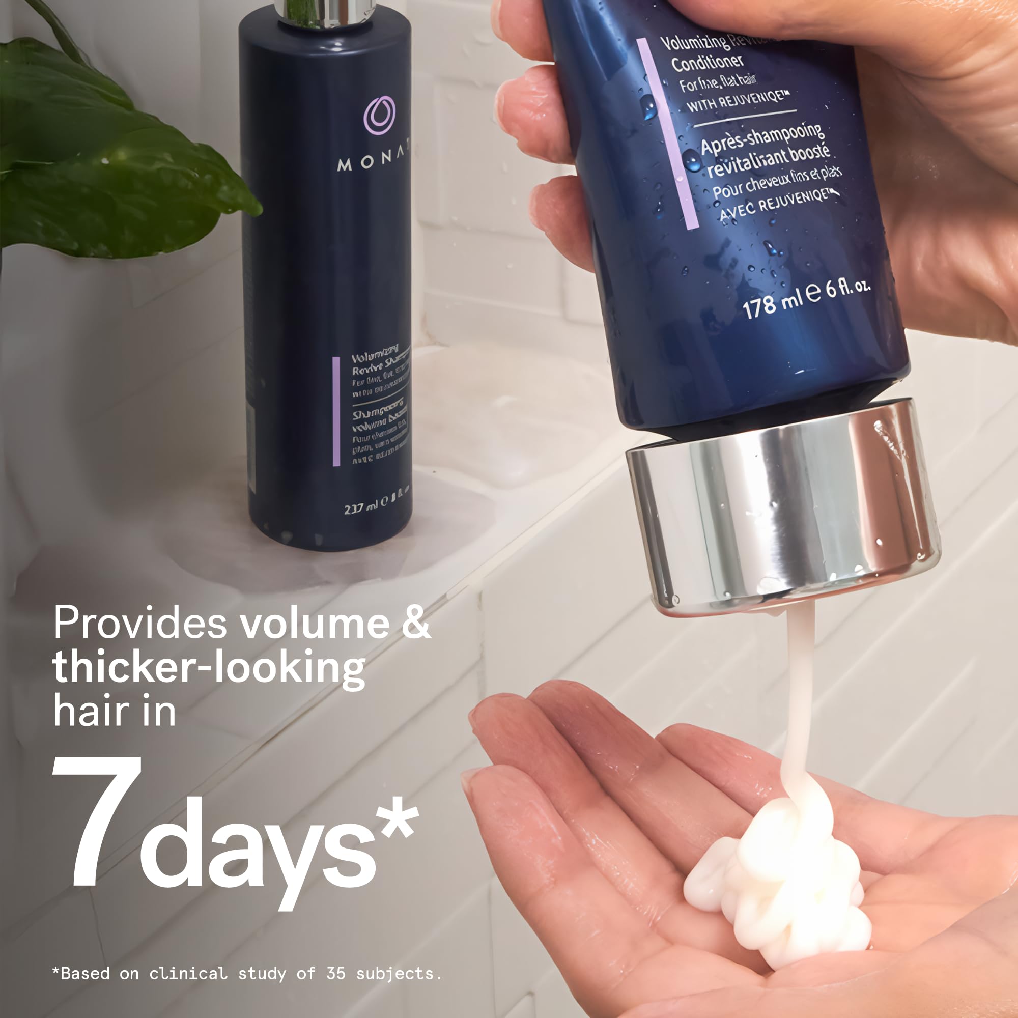 MONAT Volumizing Shampoo lather close-up showing light cleanse.
