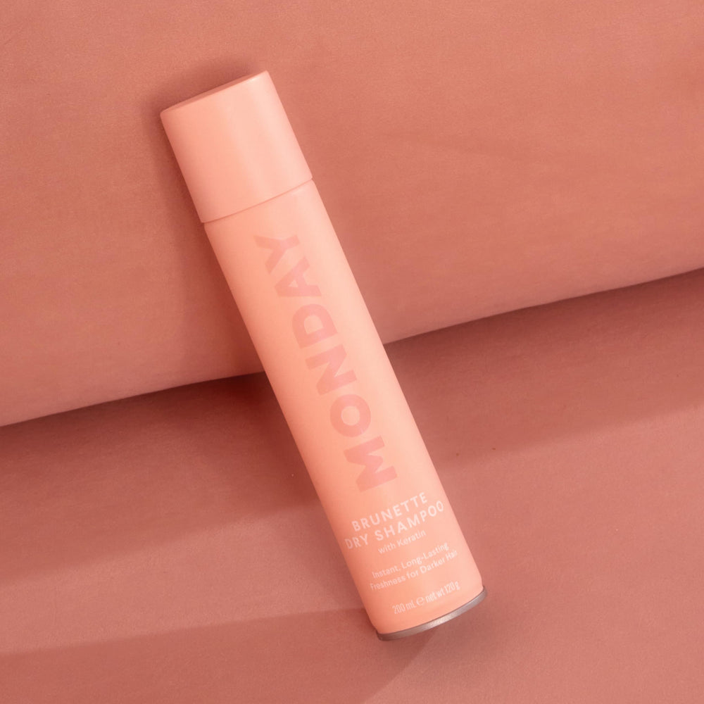 MONDAY Haircare Brunette Dry Shampoo Leaping Bunny cruelty-free label visible.