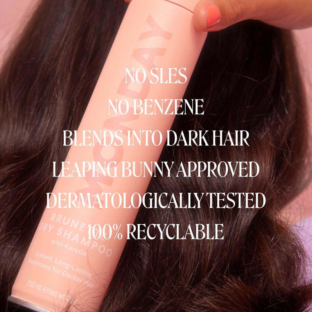 MONDAY Haircare Brunette Dry Shampoo light texture demonstrates invisible blend.
