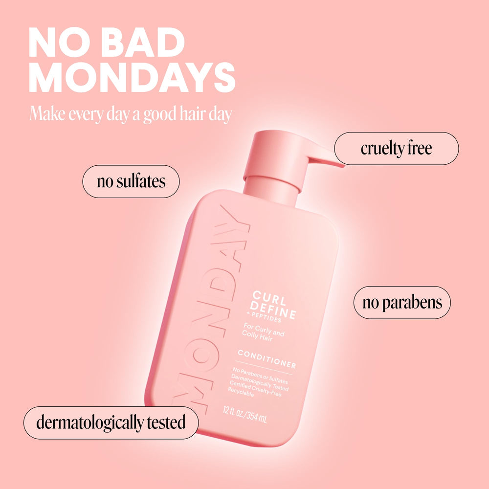 MONDAY CURL DEFINE bottle with dermatologist-tested badge signals skin-friendly formula