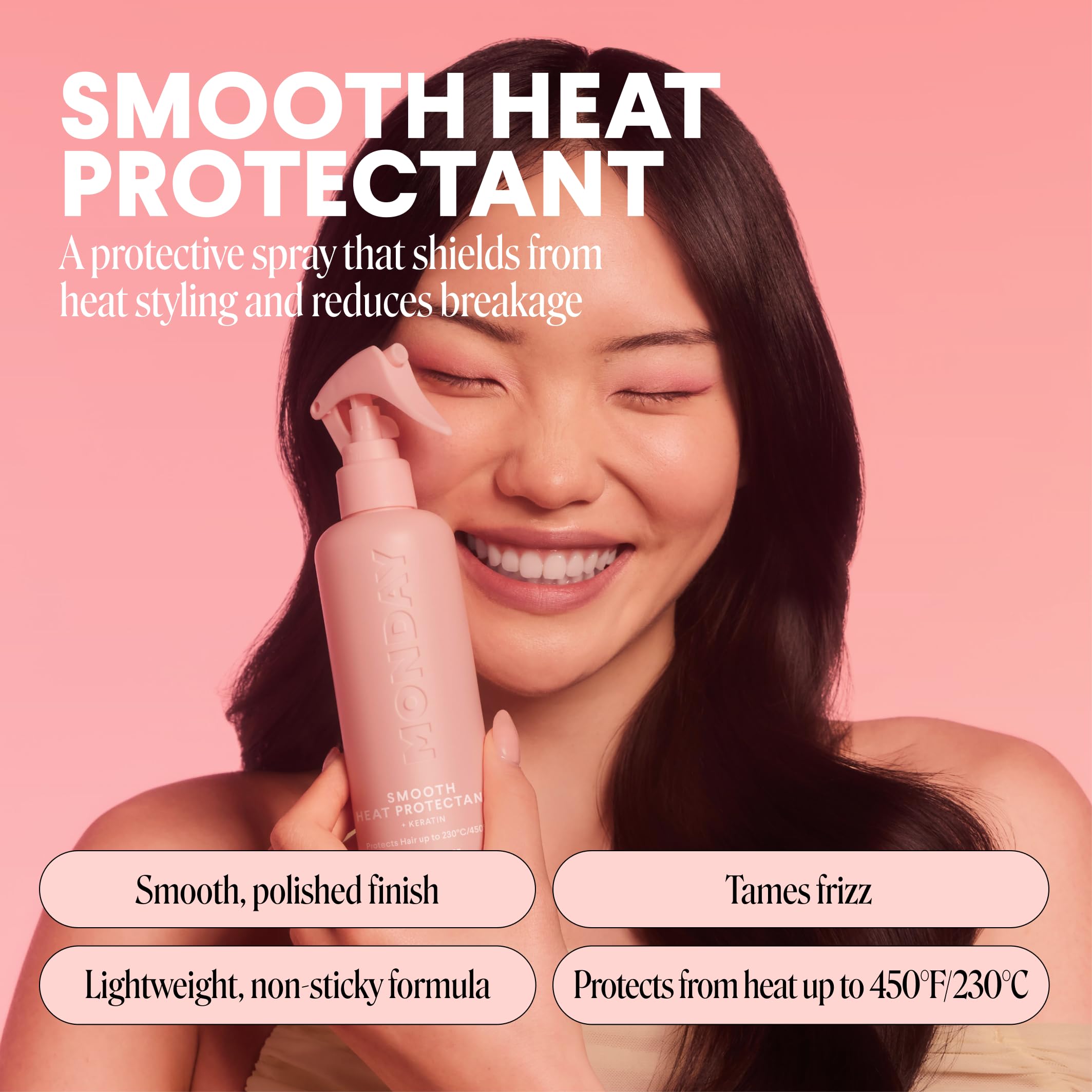 MONDAY Haircare SMOOTH spray-dispense demonstrates lightweight non-sticky feel