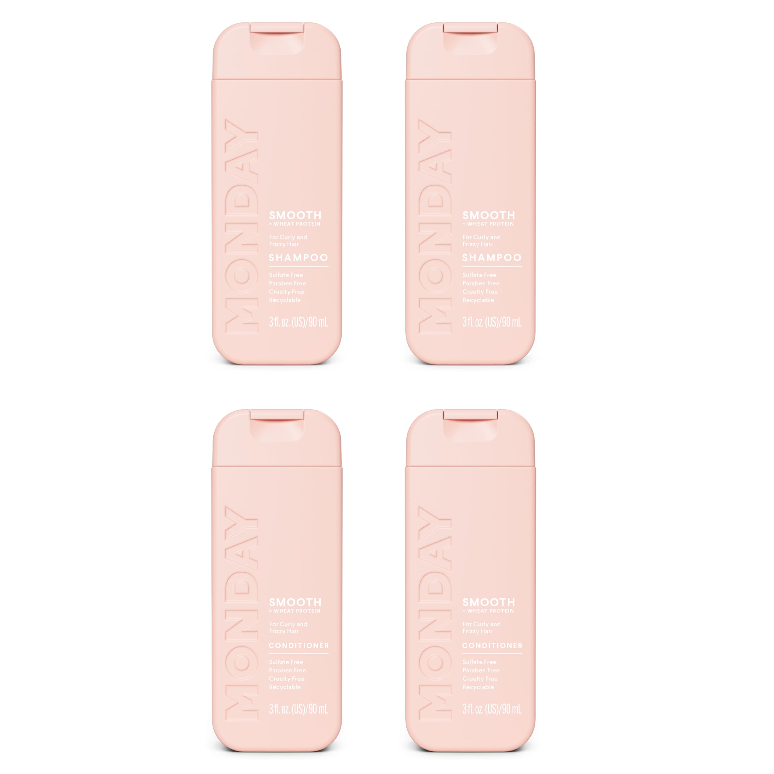 MONDAY Haircare SMOOTH shampoo bottle front shows frizz-control formula in action.