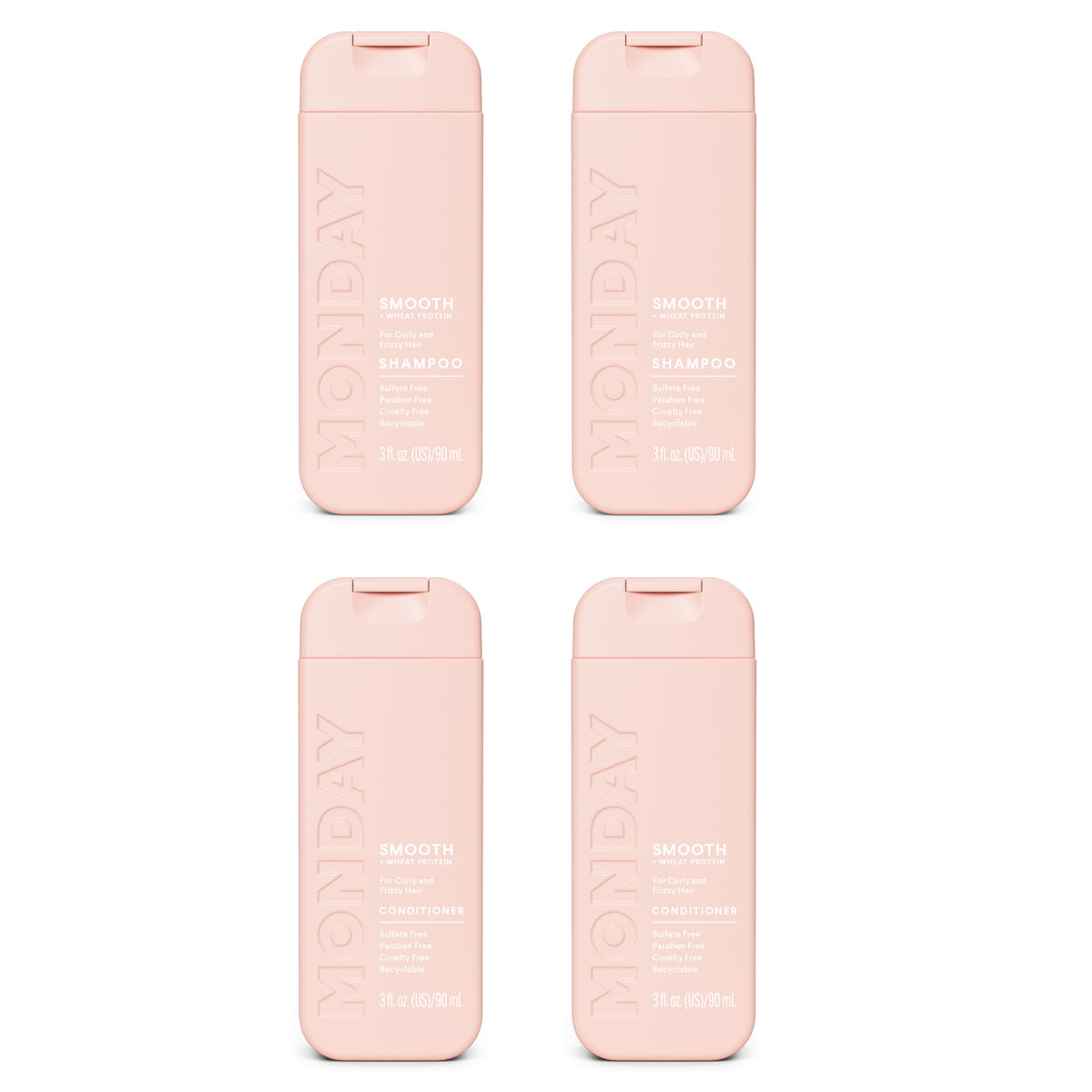 MONDAY Haircare SMOOTH shampoo bottle front shows frizz-control formula in action.