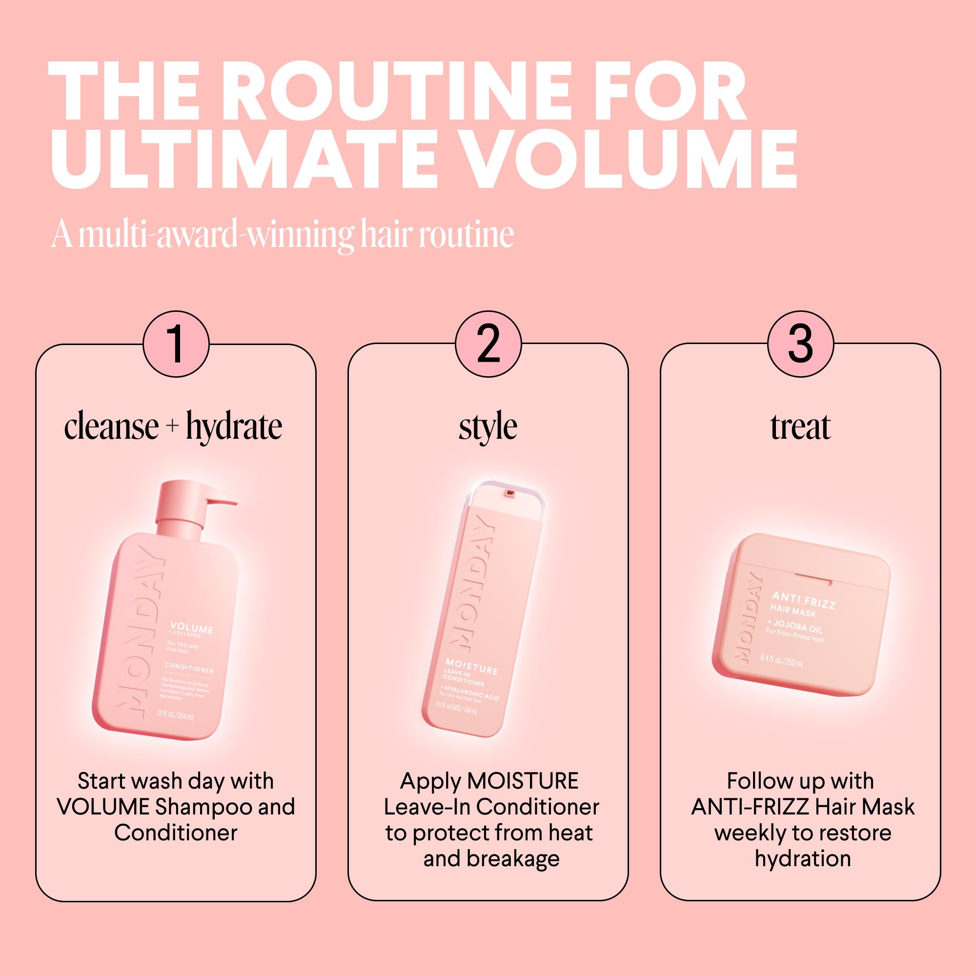 MONDAY Haircare Volume conditioner bottle emphasizes eco-friendly recyclable packaging.