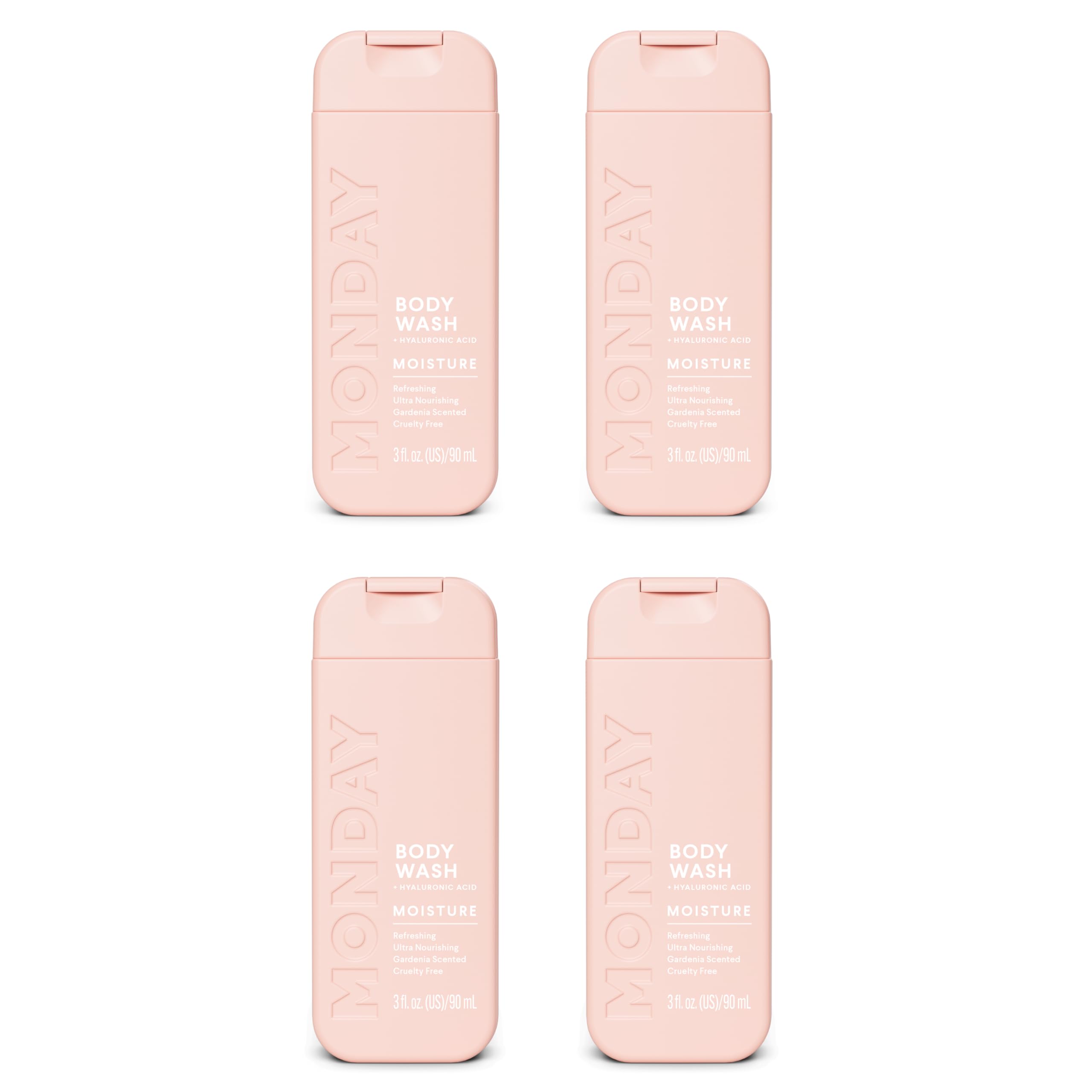 MONDAY Moisture Body Wash travel pack bottles in a compact set for daily hydration